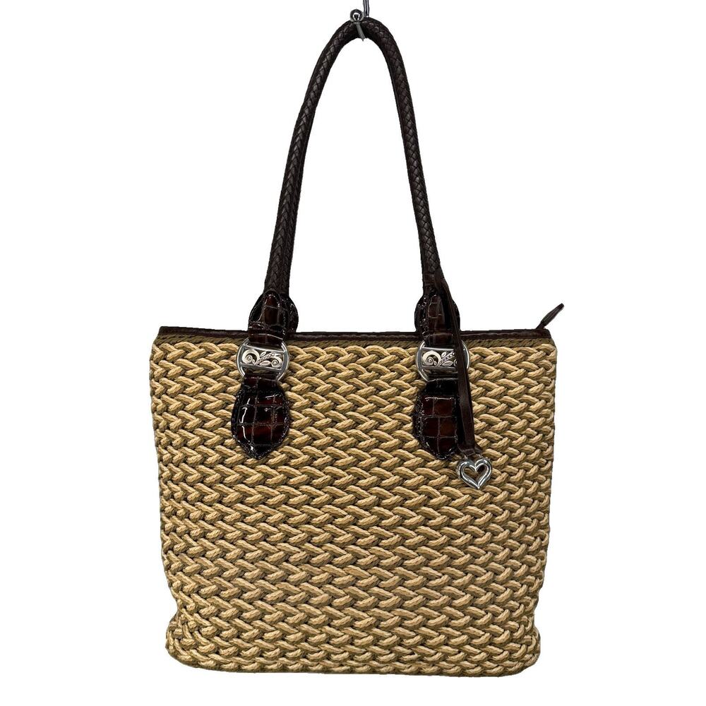 BRIGHTON Brown Leather Trim Lined Woven Straw/Raffia 2 Tone Handbag Purse